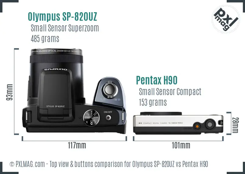 Olympus SP-820UZ vs Pentax H90 top view buttons comparison