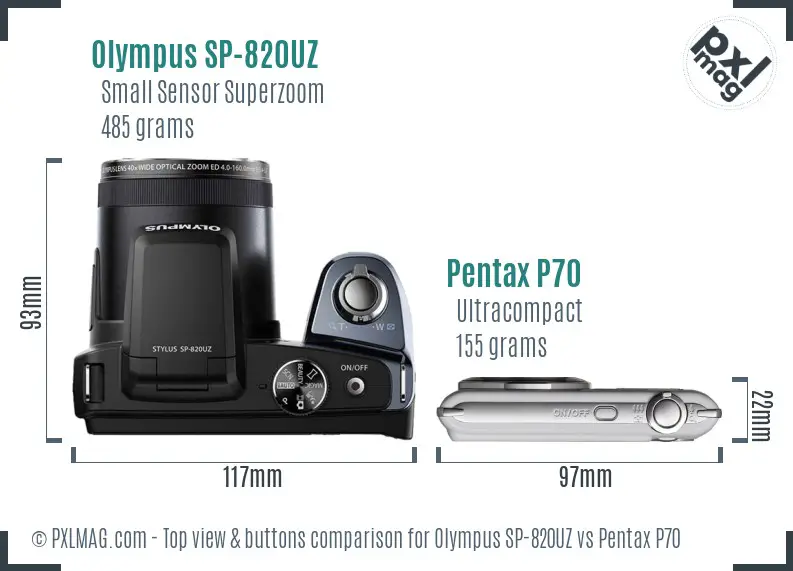 Olympus SP-820UZ vs Pentax P70 top view buttons comparison