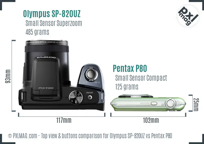 Olympus SP-820UZ vs Pentax P80 top view buttons comparison