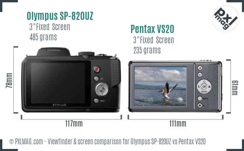 Olympus SP-820UZ vs Pentax VS20 Screen and Viewfinder comparison