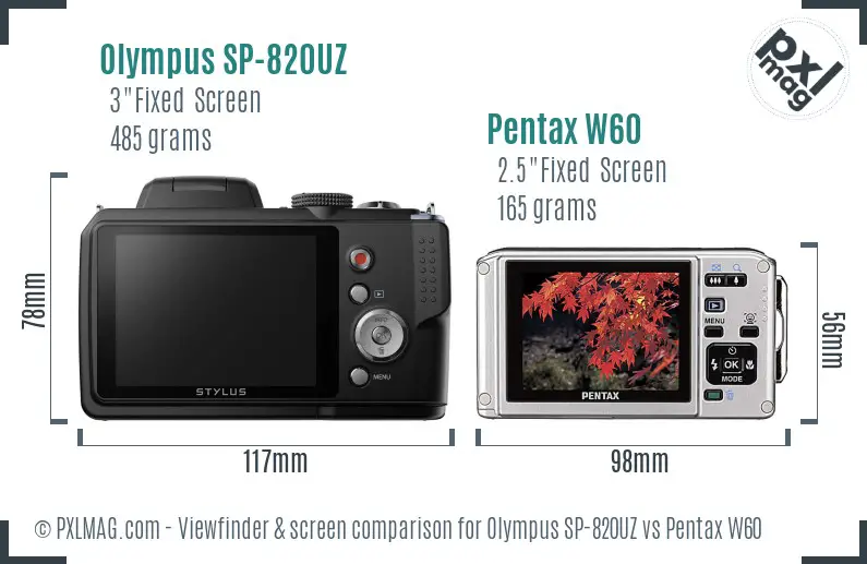 Olympus SP-820UZ vs Pentax W60 Screen and Viewfinder comparison