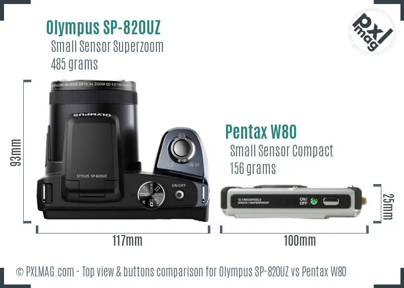 Olympus SP-820UZ vs Pentax W80 top view buttons comparison