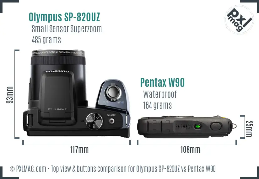 Olympus SP-820UZ vs Pentax W90 top view buttons comparison