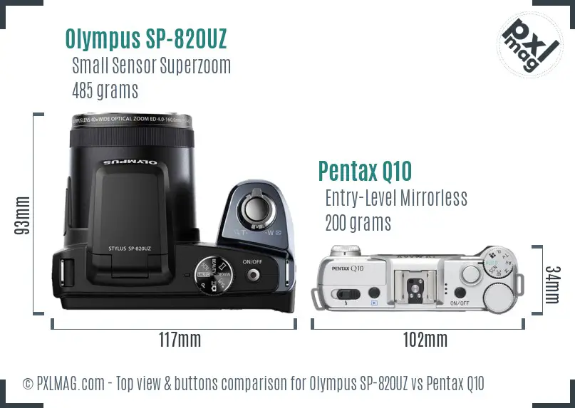 Olympus SP-820UZ vs Pentax Q10 top view buttons comparison