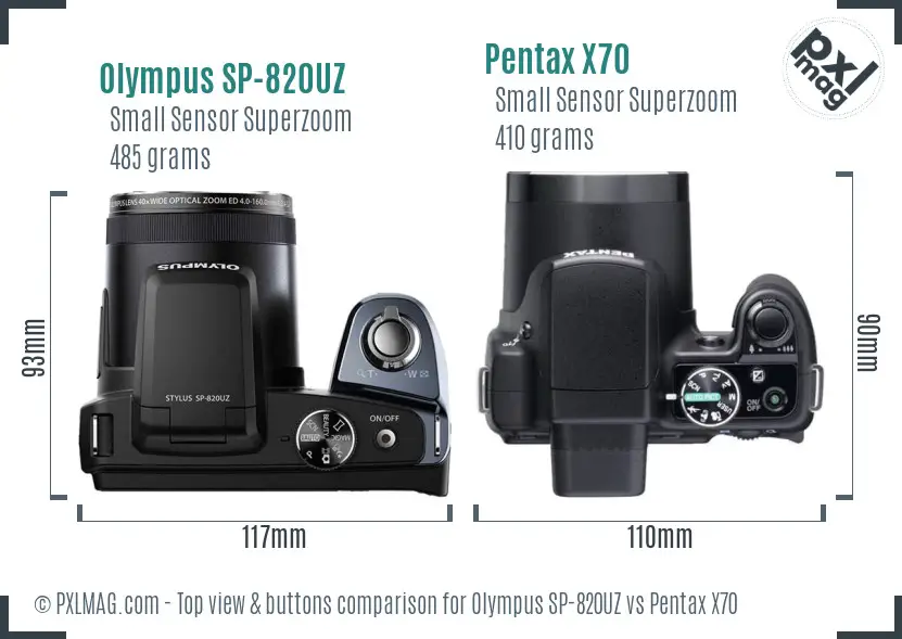 Olympus SP-820UZ vs Pentax X70 top view buttons comparison