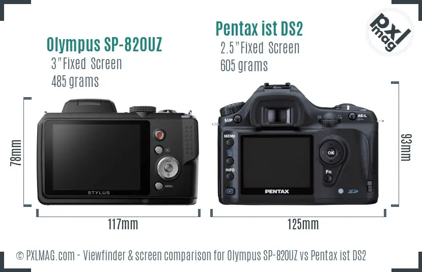 Olympus SP-820UZ vs Pentax ist DS2 Screen and Viewfinder comparison