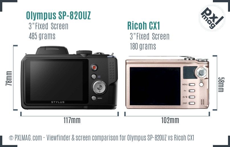 Olympus SP-820UZ vs Ricoh CX1 Screen and Viewfinder comparison