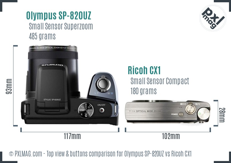 Olympus SP-820UZ vs Ricoh CX1 top view buttons comparison