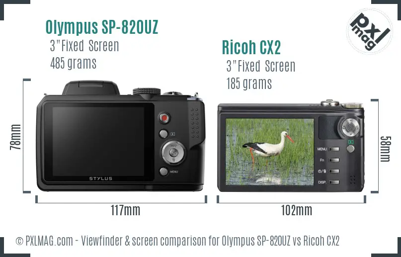 Olympus SP-820UZ vs Ricoh CX2 Screen and Viewfinder comparison