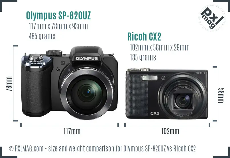 Olympus SP-820UZ vs Ricoh CX2 size comparison Olympus SP-820UZ vs Ricoh CX2 size comparison