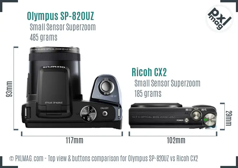 Olympus SP-820UZ vs Ricoh CX2 top view buttons comparison