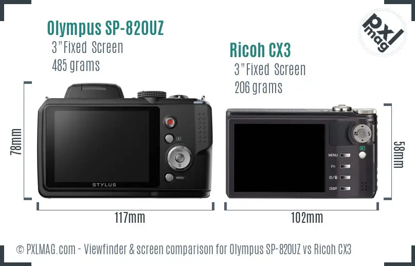 Olympus SP-820UZ vs Ricoh CX3 Screen and Viewfinder comparison