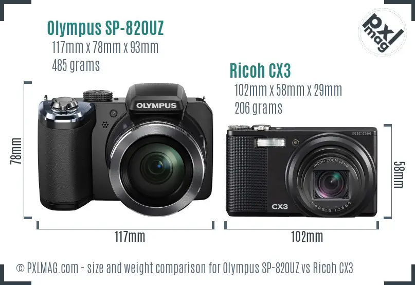 Olympus SP-820UZ vs Ricoh CX3 size comparison