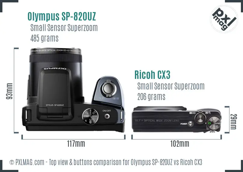 Olympus SP-820UZ vs Ricoh CX3 top view buttons comparison
