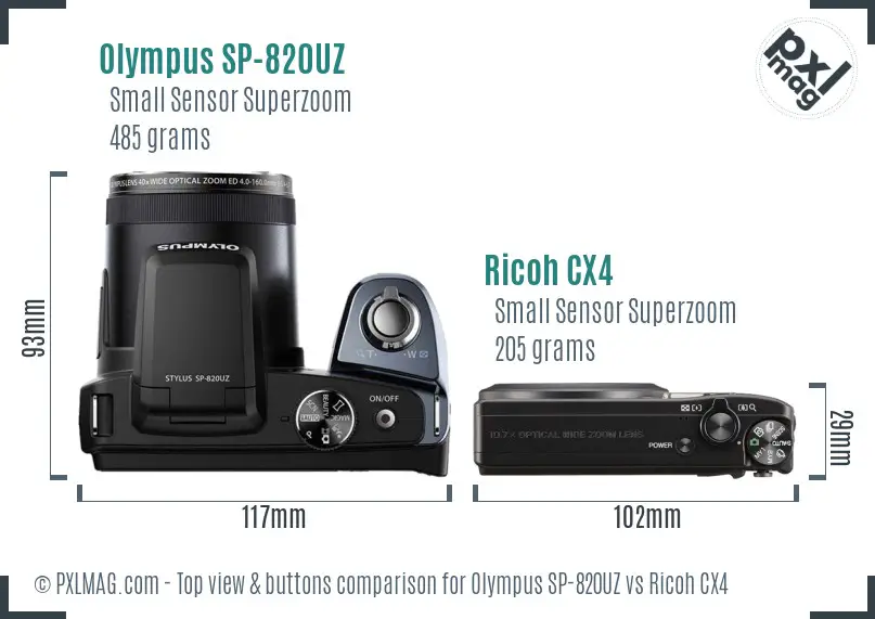 Olympus SP-820UZ vs Ricoh CX4 top view buttons comparison