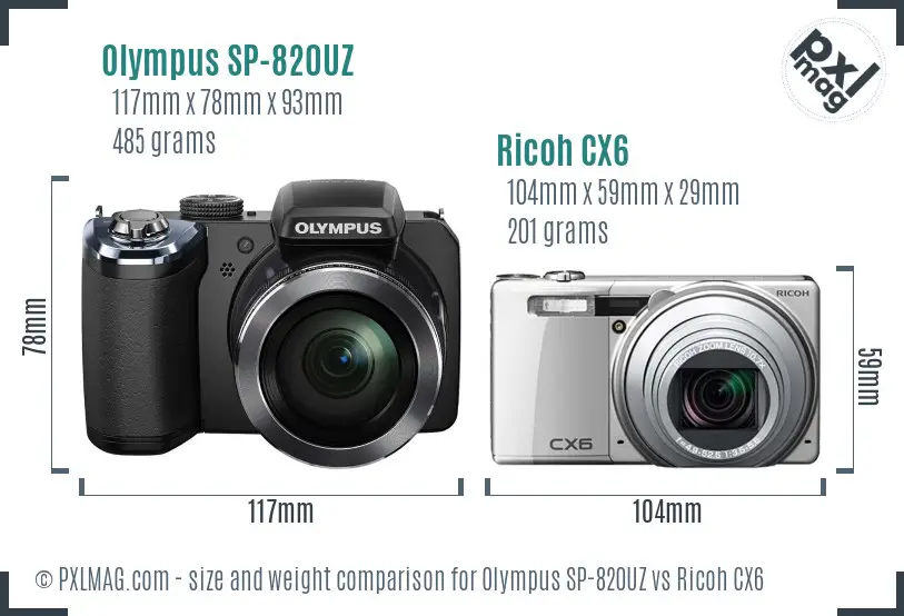 Olympus SP-820UZ vs Ricoh CX6 size comparison