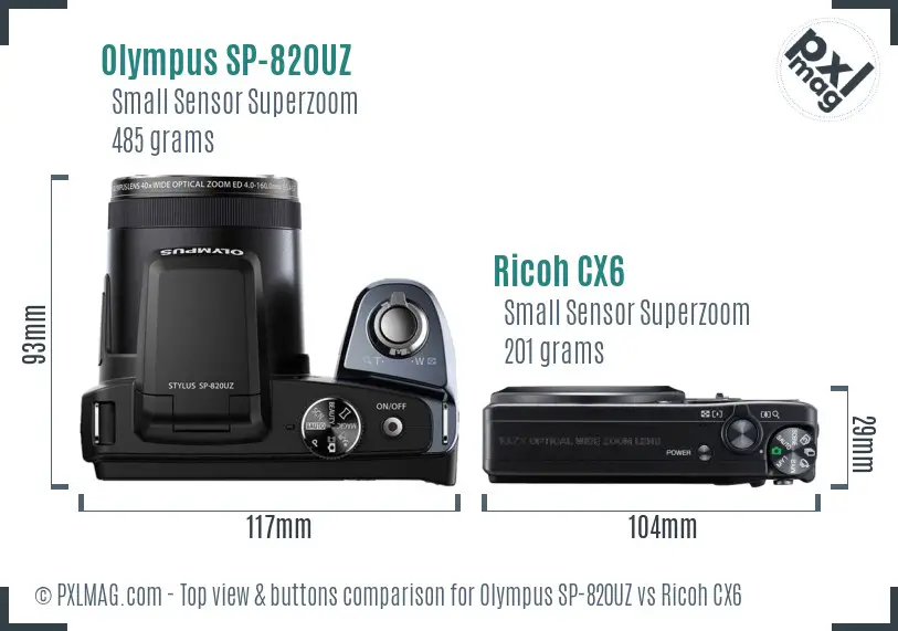 Olympus SP-820UZ vs Ricoh CX6 top view buttons comparison