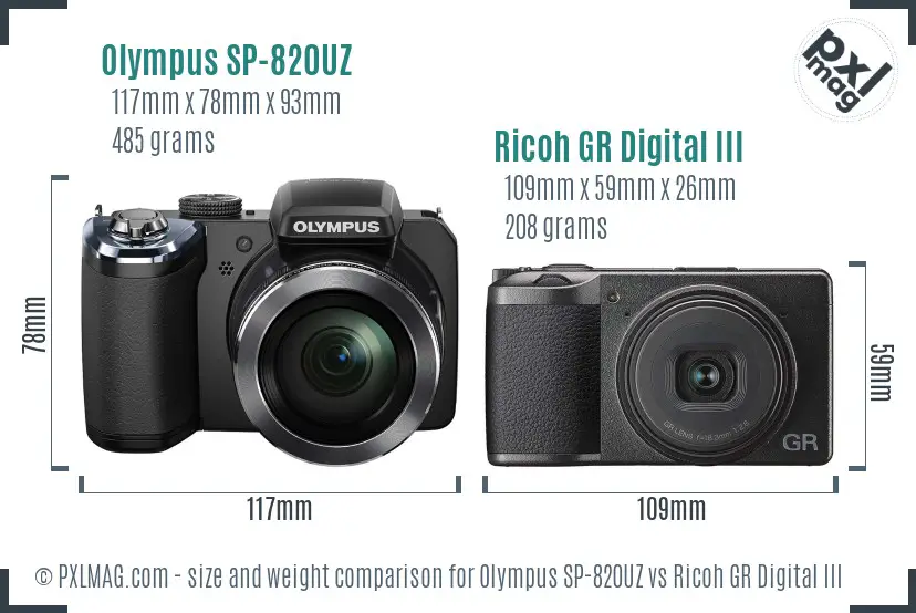 Olympus SP-820UZ vs Ricoh GR Digital III size comparison Olympus SP-820UZ vs Ricoh GR Digital III size comparison