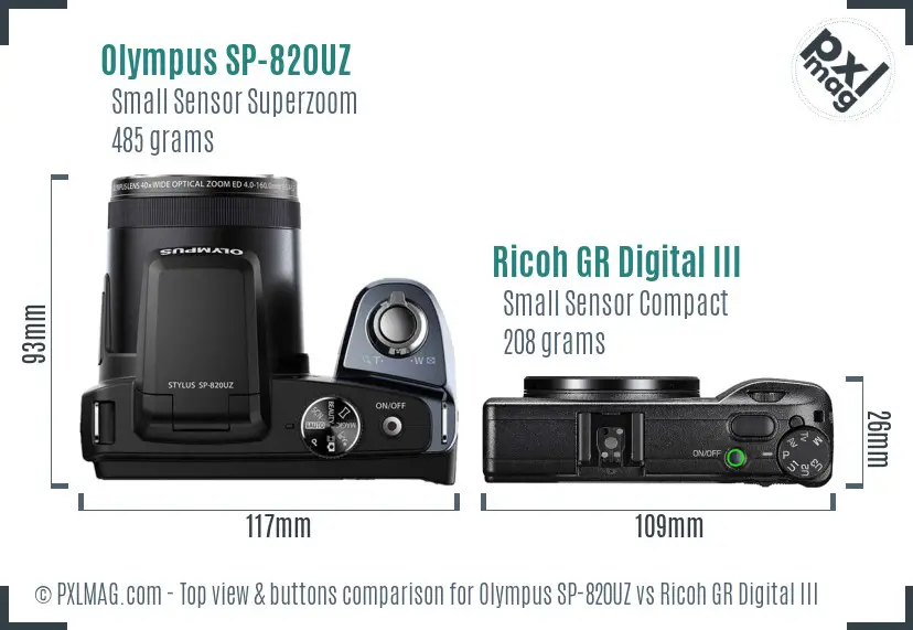 Olympus SP-820UZ vs Ricoh GR Digital III top view buttons comparison Olympus SP-820UZ vs Ricoh GR Digital III top view buttons comparison