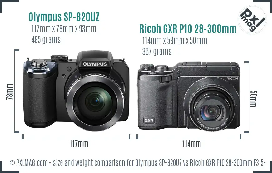 Olympus SP-820UZ vs Ricoh GXR P10 28-300mm F3.5-5.6 VC size comparison