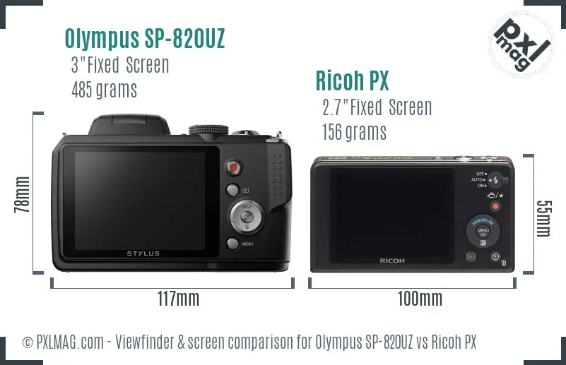 Olympus SP-820UZ vs Ricoh PX Screen and Viewfinder comparison