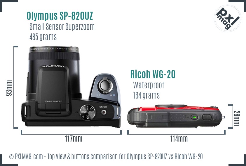 Olympus SP-820UZ vs Ricoh WG-20 top view buttons comparison