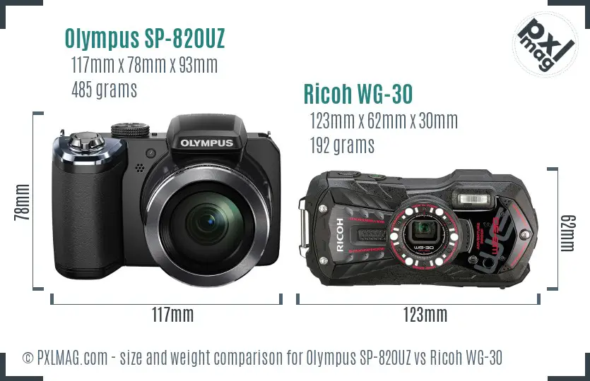 Olympus SP-820UZ vs Ricoh WG-30 size comparison