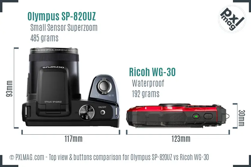 Olympus SP-820UZ vs Ricoh WG-30 top view buttons comparison