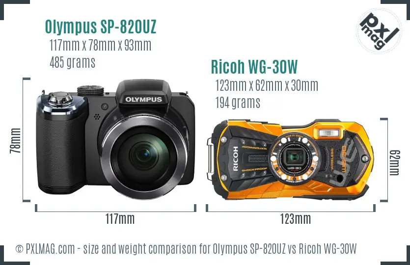 Olympus SP-820UZ vs Ricoh WG-30W size comparison