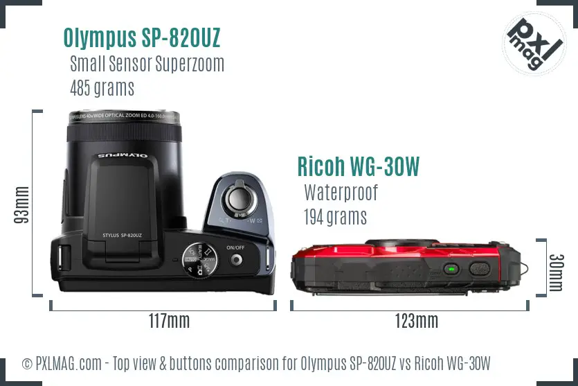Olympus SP-820UZ vs Ricoh WG-30W top view buttons comparison