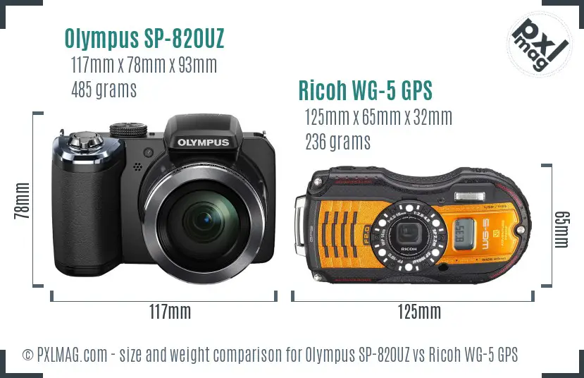 Olympus SP-820UZ vs Ricoh WG-5 GPS size comparison Olympus SP-820UZ vs Ricoh WG-5 GPS size comparison