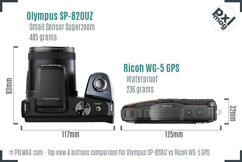 Olympus SP-820UZ vs Ricoh WG-5 GPS top view buttons comparison Olympus SP-820UZ vs Ricoh WG-5 GPS top view buttons comparison