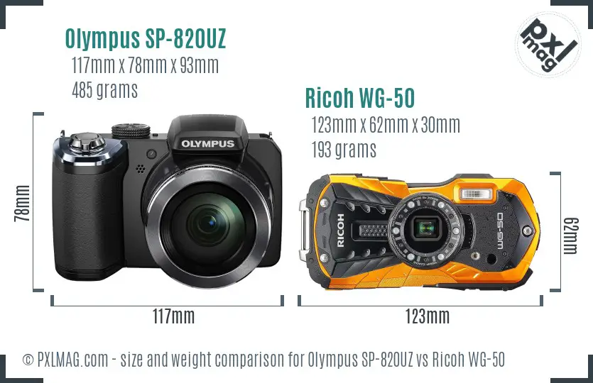 Olympus SP-820UZ vs Ricoh WG-50 size comparison