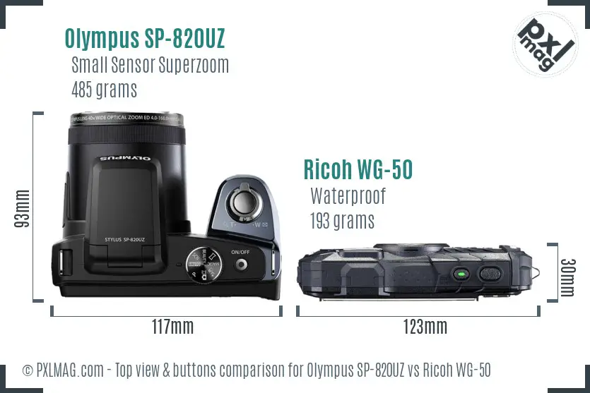 Olympus SP-820UZ vs Ricoh WG-50 top view buttons comparison