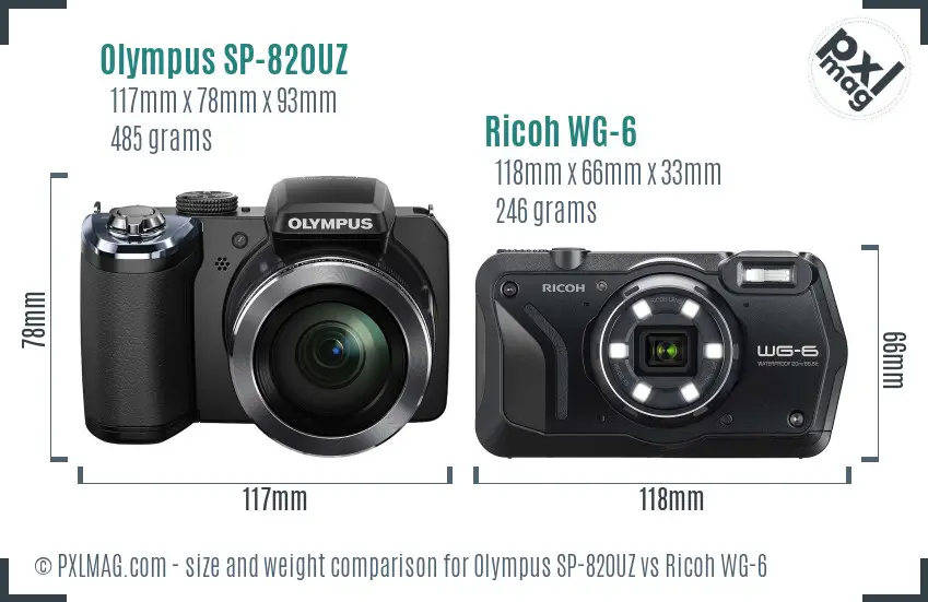 Olympus SP-820UZ vs Ricoh WG-6 size comparison