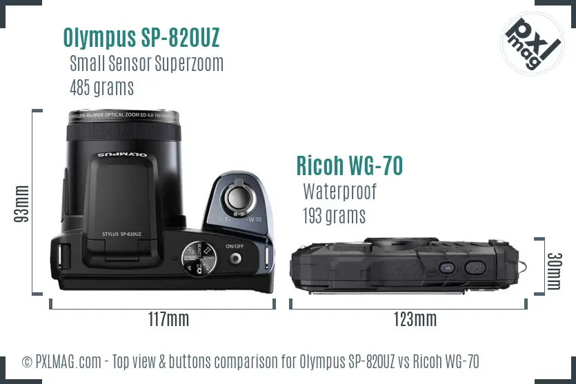 Olympus SP-820UZ vs Ricoh WG-70 top view buttons comparison