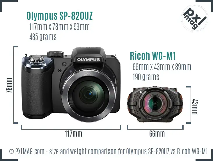 Olympus SP-820UZ vs Ricoh WG-M1 size comparison