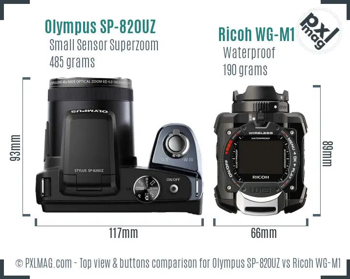 Olympus SP-820UZ vs Ricoh WG-M1 top view buttons comparison