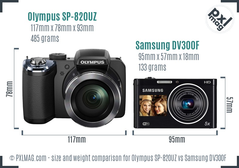 Olympus SP-820UZ vs Samsung DV300F size comparison