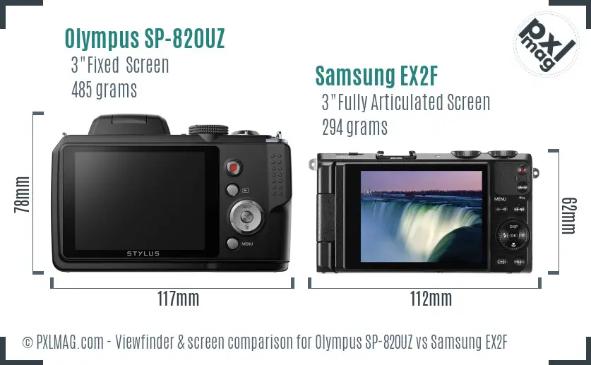 Olympus SP-820UZ vs Samsung EX2F Screen and Viewfinder comparison