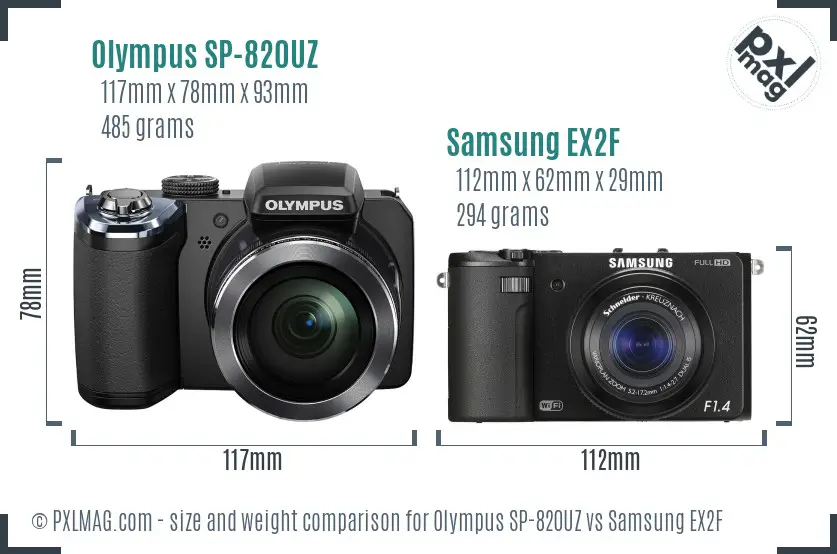 Olympus SP-820UZ vs Samsung EX2F size comparison