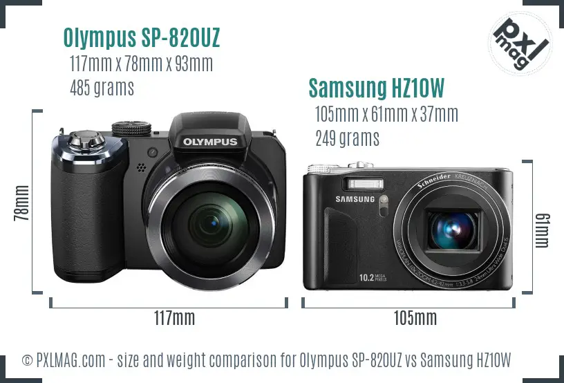 Olympus SP-820UZ vs Samsung HZ10W size comparison