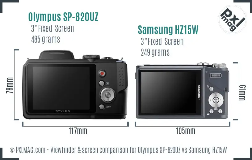 Olympus SP-820UZ vs Samsung HZ15W Screen and Viewfinder comparison