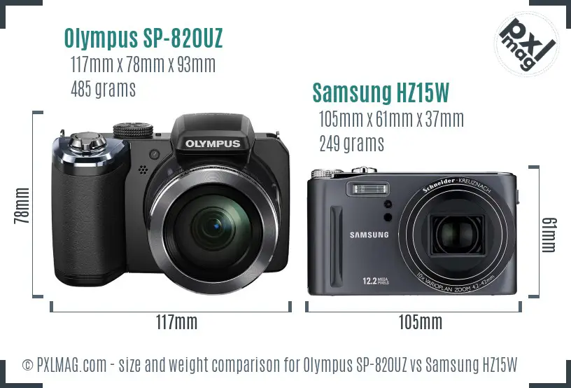 Olympus SP-820UZ vs Samsung HZ15W size comparison