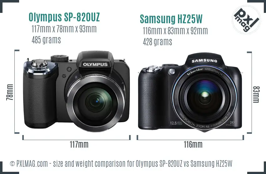 Olympus SP-820UZ vs Samsung HZ25W size comparison Olympus SP-820UZ vs Samsung HZ25W size comparison