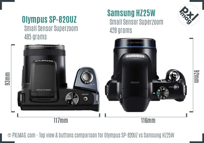 Olympus SP-820UZ vs Samsung HZ25W top view buttons comparison Olympus SP-820UZ vs Samsung HZ25W top view buttons comparison
