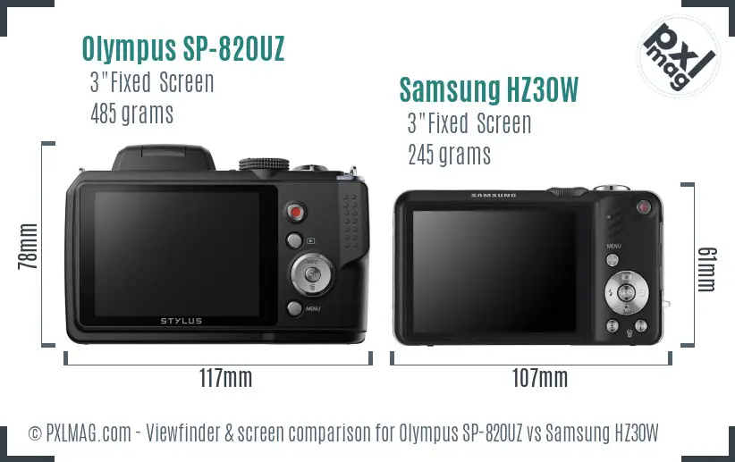 Olympus SP-820UZ vs Samsung HZ30W Screen and Viewfinder comparison
