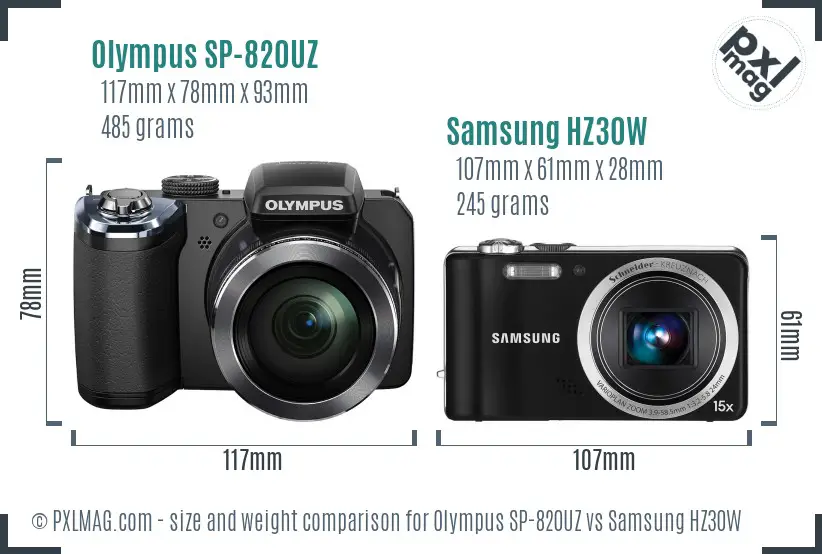 Olympus SP-820UZ vs Samsung HZ30W size comparison