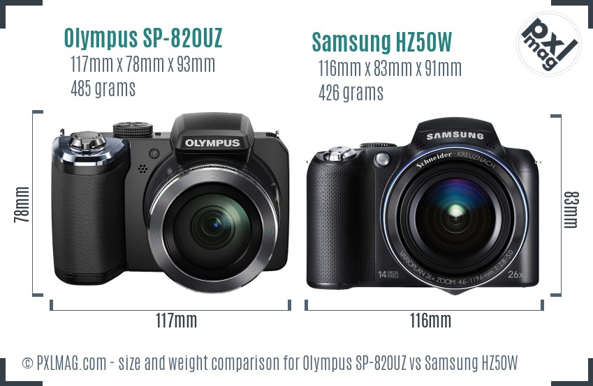 Olympus SP-820UZ vs Samsung HZ50W size comparison