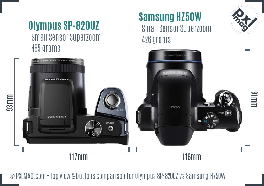 Olympus SP-820UZ vs Samsung HZ50W top view buttons comparison